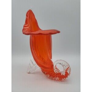 Art Glass Cornucopia Shell Jack in Pulpit Glass Vase Orange MCM Rare 8.25"